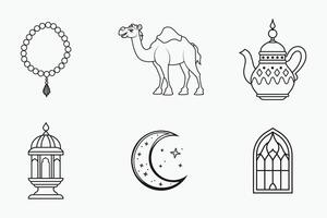 Ramadan and Eid traditional outline elements set in isolated flat line art style vector