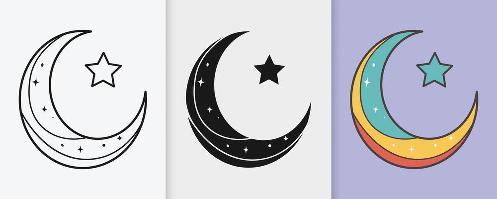 Beautiful Islamic crescent moon with stars in outline and silhouette style for Eid festival