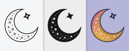 Crescent moon and stars Eid celebration set in an isolated outline and silhouette design vector