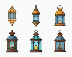 Decorative Eid lantern icon set in a colorful flat design for festive celebrations vector