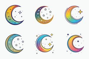 Decorative Islamic crescent moon with stars set in flat isolated design for eid vector