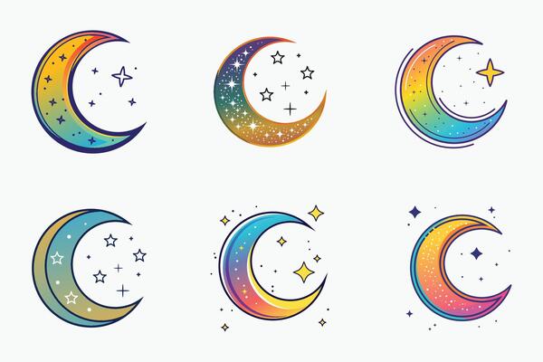 Decorative Islamic crescent moon with stars set in flat isolated design for eid