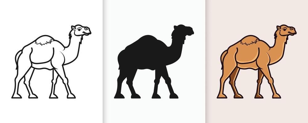 Desert camel artwork in outline and silhouette format for Eid and cultural themes