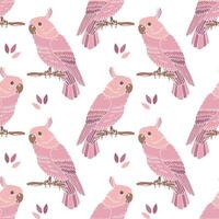 Seamless pattern, hand-drawn pink parrot birds on a branch on a white background. Print, textile. vector