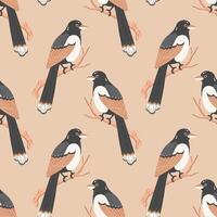 Seamless pattern, cute magpie birds on a branch on a beige background. Print, textile vector