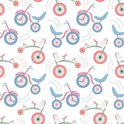 Seamless pattern, cute bicycles in doodle style. Pastel colors. Illustration
