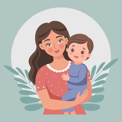 Loving mother and child. Portrait of family affection. Happy mother holding her son in her arms. Mother's day card. Flat style illustration.