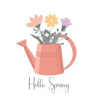 Hello spring postcard with flowers in a watering can. Simple floral illustration. Cute spring greeting card. vector