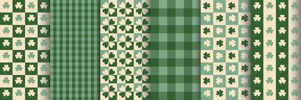 Set of seamless geometric patterns with clover leaves. St. Patrick's Day. Surface design for textile, fabric. Green and white colors. vector