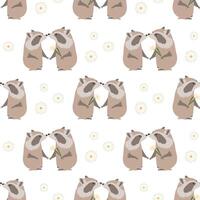 Seamless pattern, cute raccoons with daisies on a white background. Print, textile for children, background vector