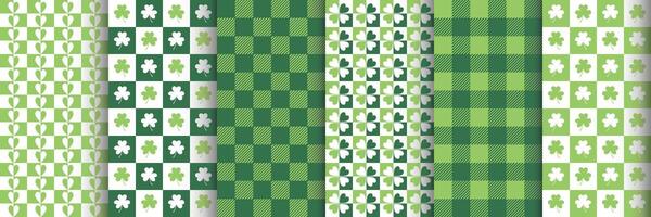 Set of seamless geometric patterns with clover leaves. St. Patrick's Day. Surface design for textile, fabric. Green and white colors vector