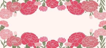 Frame of pink and red carnations. Flowers in flat in style. Illustration isolated on white background. Carnations of different shapes and types. Suitable for invitations, cards, social media vector
