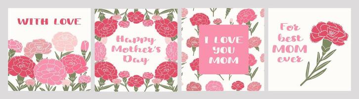 Elegant greeting card set with delicate pink and red carnations. Floral vintage design with handwritten-style typography. Perfect for greetings card, for social media, gift cards. vector