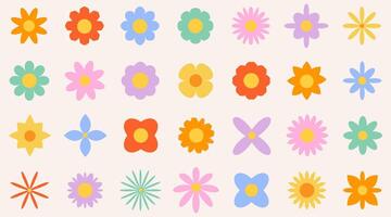 Set of colorfull abstract flowers. Retro geometric spring flowers. Groovy simple flowers set. For greting card, poster, banner, social media. vector