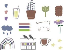 Minimalistic set of cute elements. Plant, paints, rainbow, coffee vector