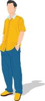 Man in yellow shirt and blue pants standing with hands in pockets vector
