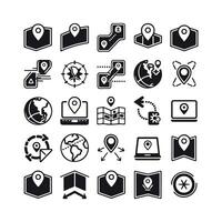 Set of black and white map and location icons for navigation and travel. vector