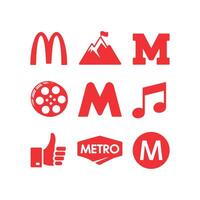 Collection of red icons and logos with the letter M in different styles and forms vector