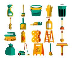 A vibrant assortment of cleaning tools depicted in playful flat design vector