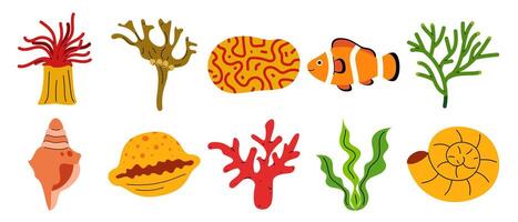 Delightful underwater ecosystem featuring colorful corals, shells, and a clownfish vector