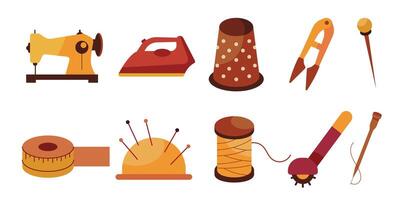 A vibrant, flat design set featuring essential sewing tools including a sewing machine, iron, thimble, and more, perfect for crafting and DIY themes vector