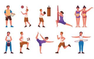A diverse set of illustrations displaying men and women engaged in various sports and fitness activities vector
