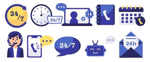 Assistance and support for business operations with 24 7 services flat design vector