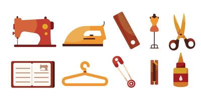 A collection of tailoring icons presented in a flat design, including a sewing machine, mannequin, and scissors, suitable for fashion and design projects vector