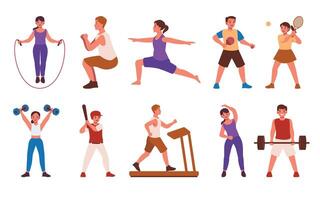 Colorful illustrations of individuals participating in a range of sports and fitness routines, embodying an active lifestyle vector