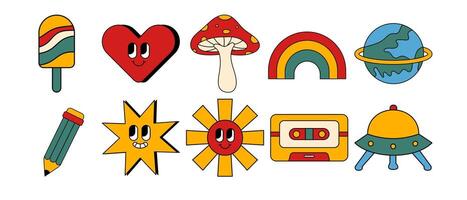 Groovy Retro Elements Collection, Nostalgic 70s Style, Funny Cartoon Faces vector