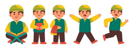 Illustration of Muslim Boy in Various Poses Demonstrating Religious Observances vector