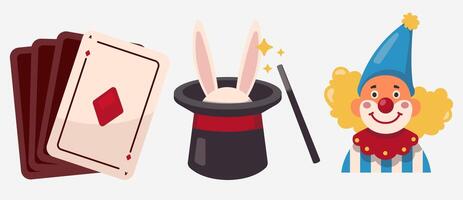 Whimsical Magic Set, Cards, Hat with Bunny, Wand, and Happy Clown Illustration vector