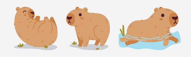 Three playful Capybaras showcasing diverse activities in a lighthearted illustration vector