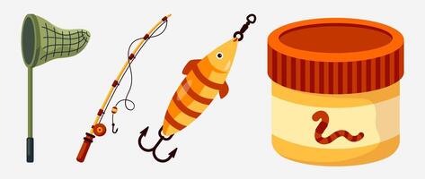Illustrated Fishing Equipment Layout with Rod, Net, Lure and Bait Container vector