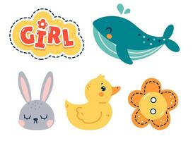 A charming collection of baby illustrations including animals and a flower. Ideal for baby-related projects and designs. vector