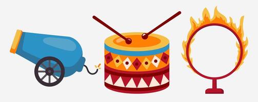 Cartoon circus set with cannon, drum, and flaming hoop show elements vector