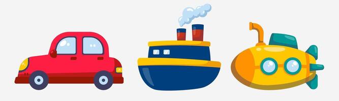 Illustrated vehicle collection featuring car, boat, and submarine icon set vector