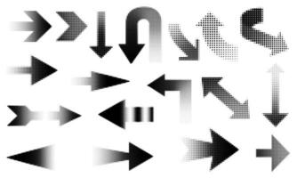 Set of halftone arrows in black and white. Abstract dotted arrow symbols with gradient effects for direction, navigation, infographic elements, and graphic design projects. vector