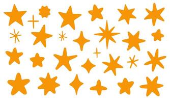 Hand drawn abstract star shapes set in orange color. Various doodle style stars, sparkles, and bursts isolated on a white background. Modern celestial clipart for design, decoration, and branding. vector