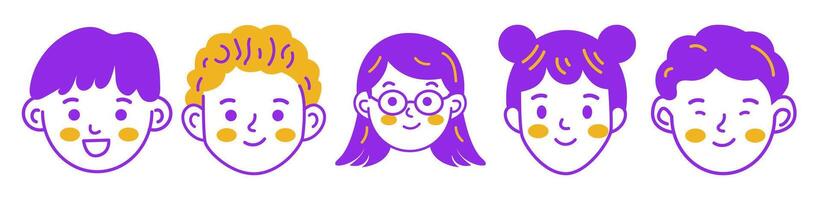 Collection of cartoon faces with various hairstyles in cheerful expression vector