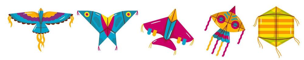 Colorful array of kites, showcasing variety in shape, color, and design vector