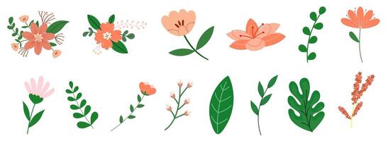 Collection of whimsical hand-drawn floral elements on a clean white background vector