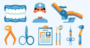 Flat design illustration depicting dentist and tools used in the dental office vector