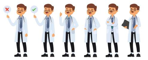 Diverse cartoon doctor character set demonstrating different medical situations vector