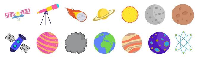 Colorful Cartoon Space Elements, Planets, Satellites, Telescope and Celestial Objects vector