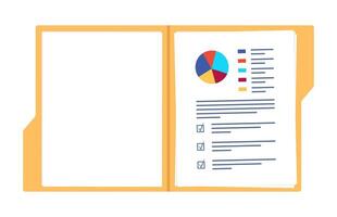 Open folder and documents, statistical data with diagrams. Workplace documents for financial statistics, reporting, strategy development. Data analysis. illustration. vector