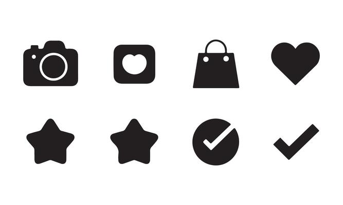 A set of icons that include a camera, a heart, a star, and a bag