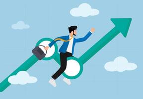 Business and Career Growth. Successful Person Flying with a Jetpack Above an Increasing Arrow Chart. Concept of Progress, Success, and Motivation in Business. vector