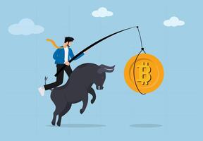 Cryptocurrency Investment and Financial Growth Concept. Featuring a Businessman Riding a Bull While Chasing Bitcoin Symbol Representing Market Trends, Bull Run, and Economic Opportunities. vector