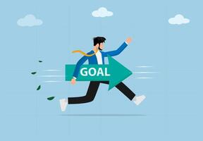 Business Goal Achievement. A Determined Businessman Running Towards Success with an Arrow Symbolizing Target, Ambition, Growth, and Motivation in Career and Corporate Development. vector